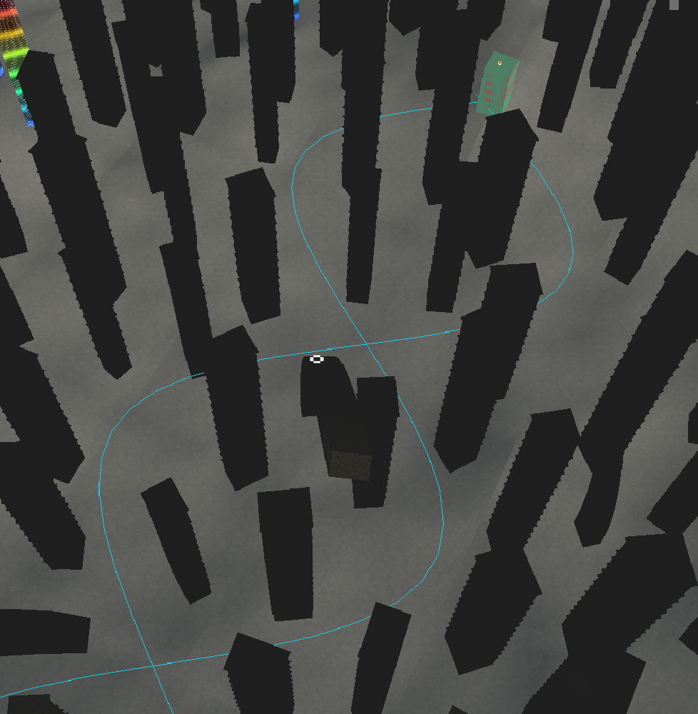 Top-down debug view of the sine-wave route through a generated map