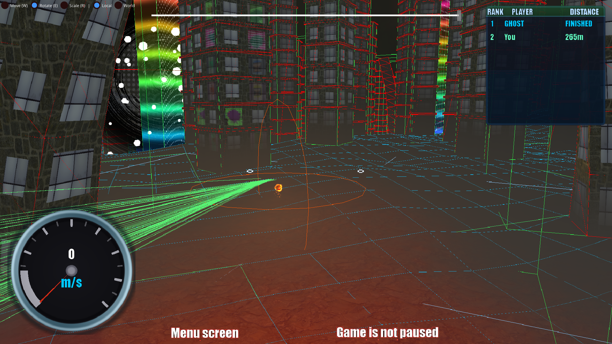 All debug overlays active over a wireframe city: colliders, route, bounding volumes