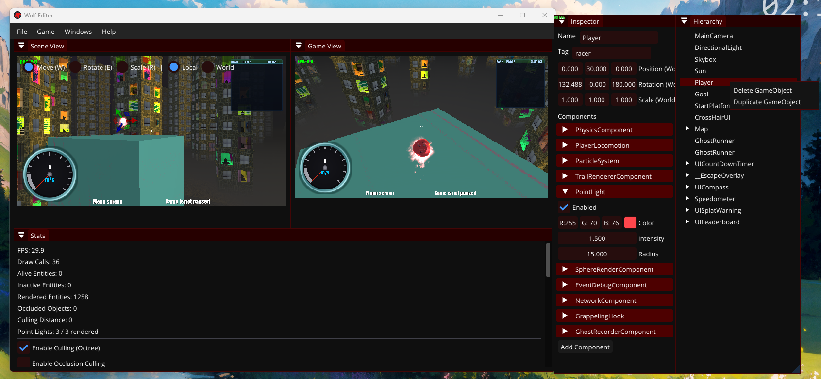 In-engine editor view with debug overlays, hierarchy, and inspector