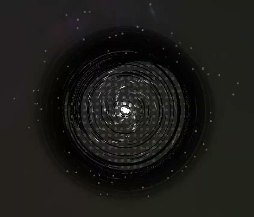 Black hole shader: spiral arms, halftone dots, screen-space distortion
